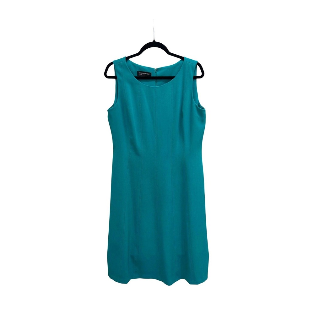 Jones New York Teal Blue Sleeveless Sheath Dress Size 12 Princess Seams Crepe